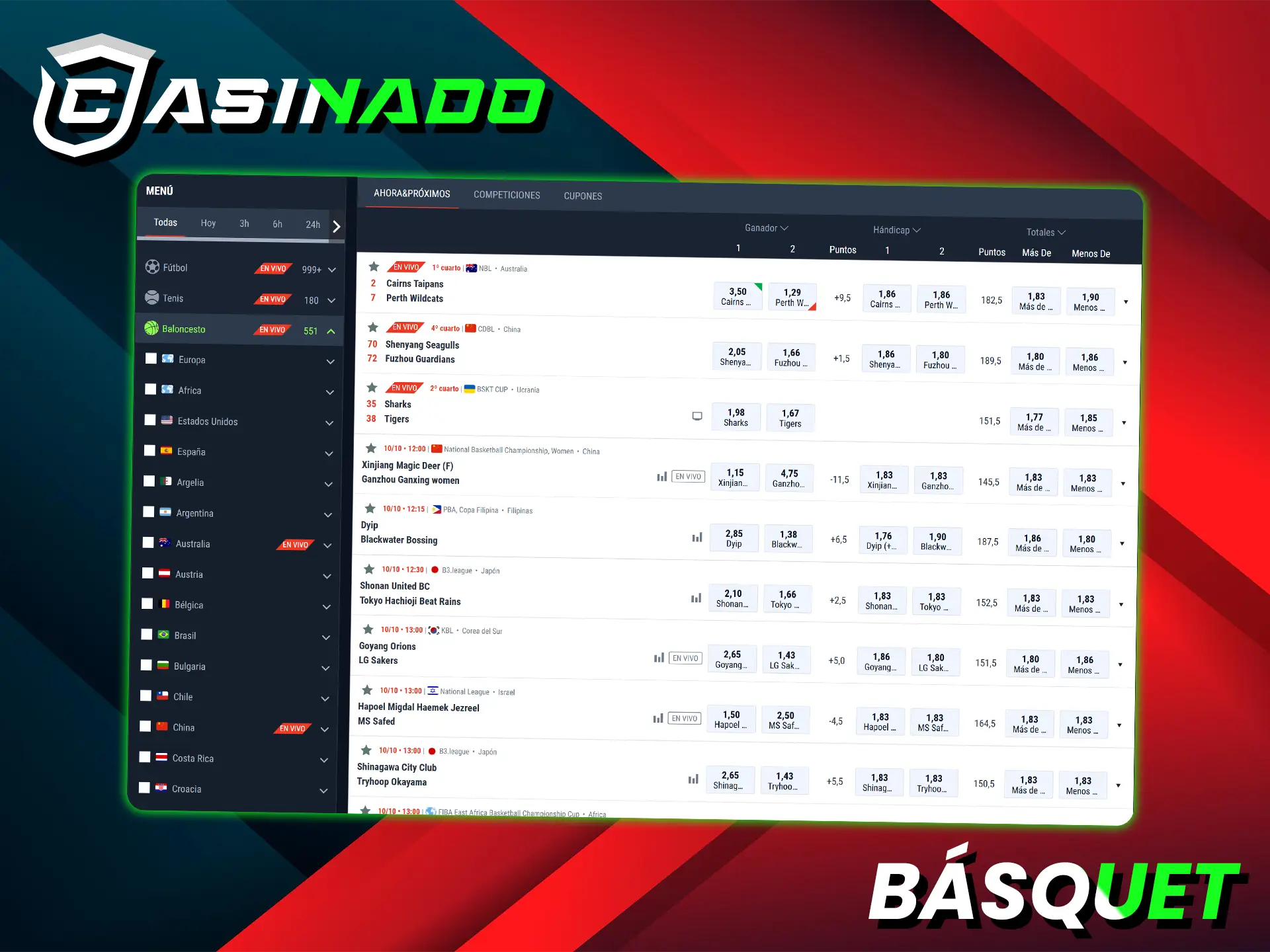 En Casinado se puede apostar en torneos locales e internacionales de baloncesto.