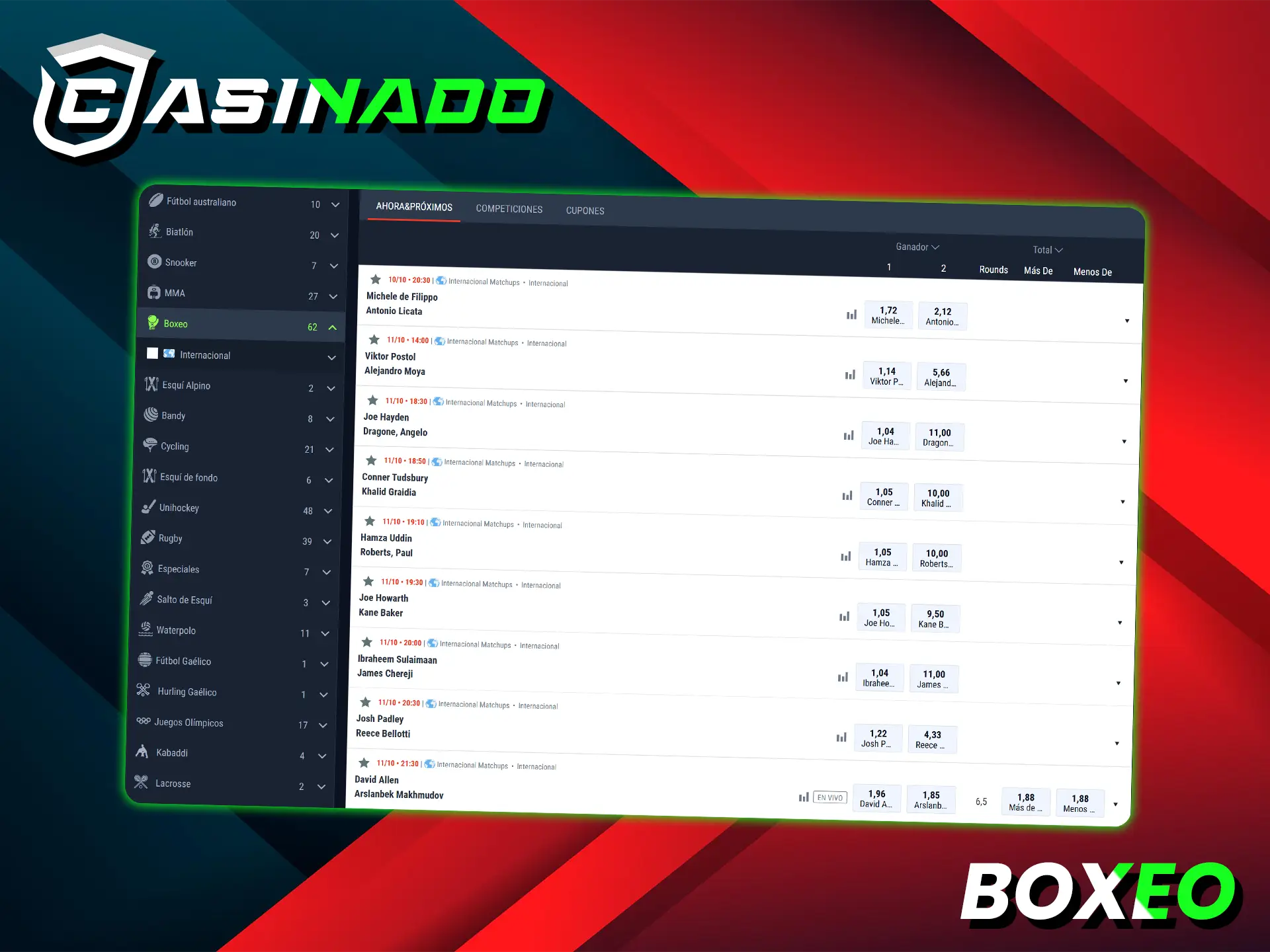 Casinado ofrece apuestas de boxeo en la sección de deportes.