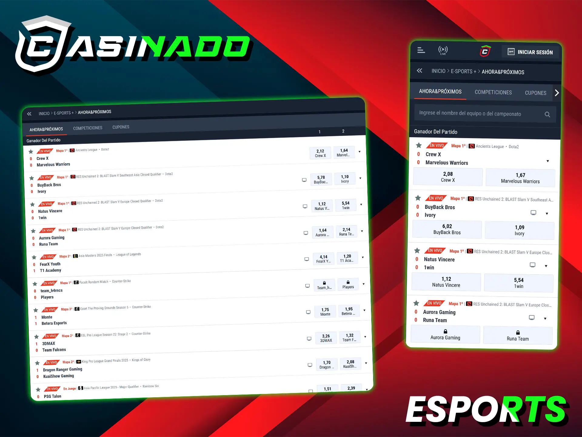 Todas las disciplinas populares de los deportes electrónicos están disponibles para apostar en Casinado.