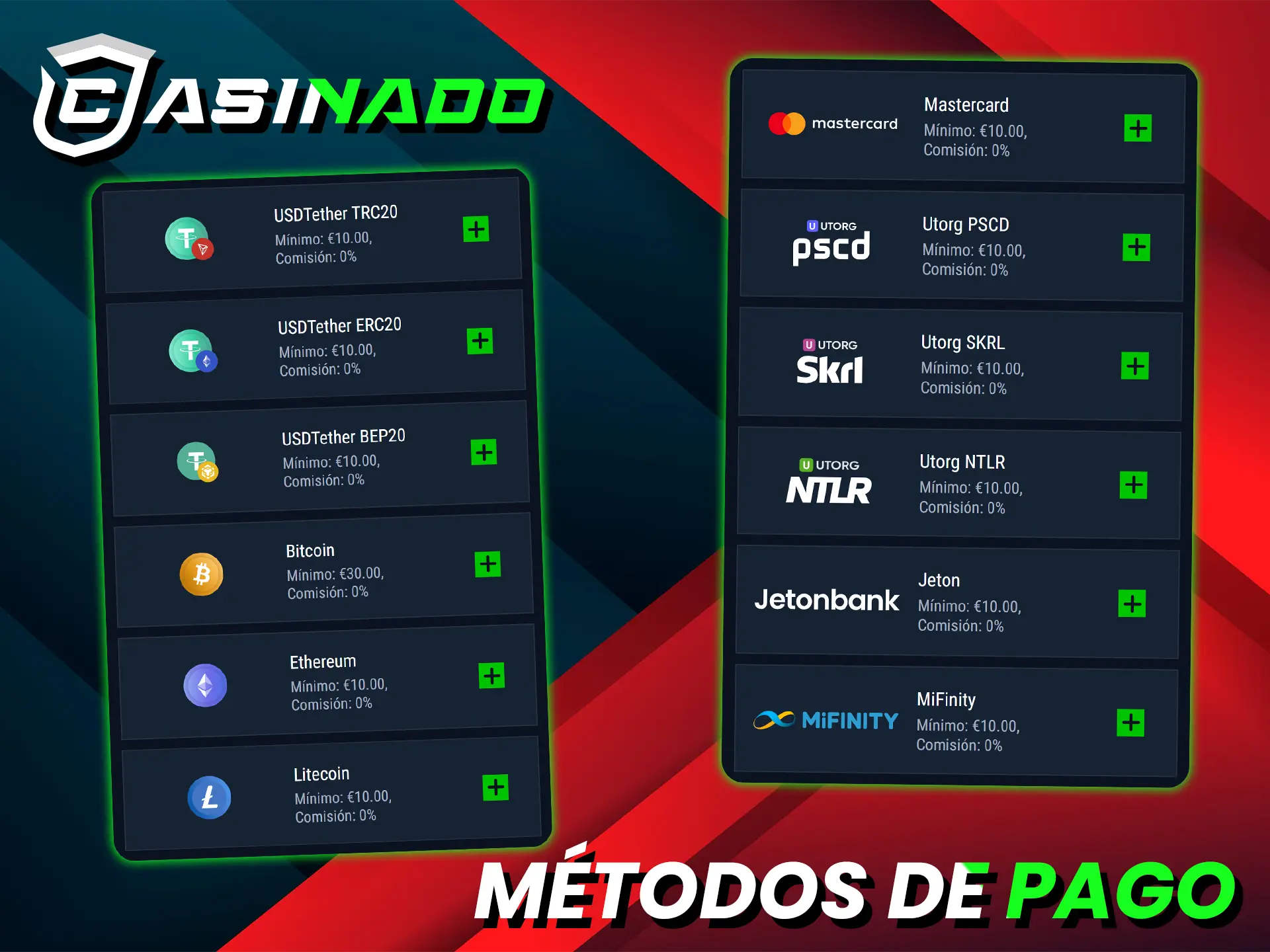 Casinado ofrece a sus usuarios una gran variedad de métodos de pago rápidos y seguros.