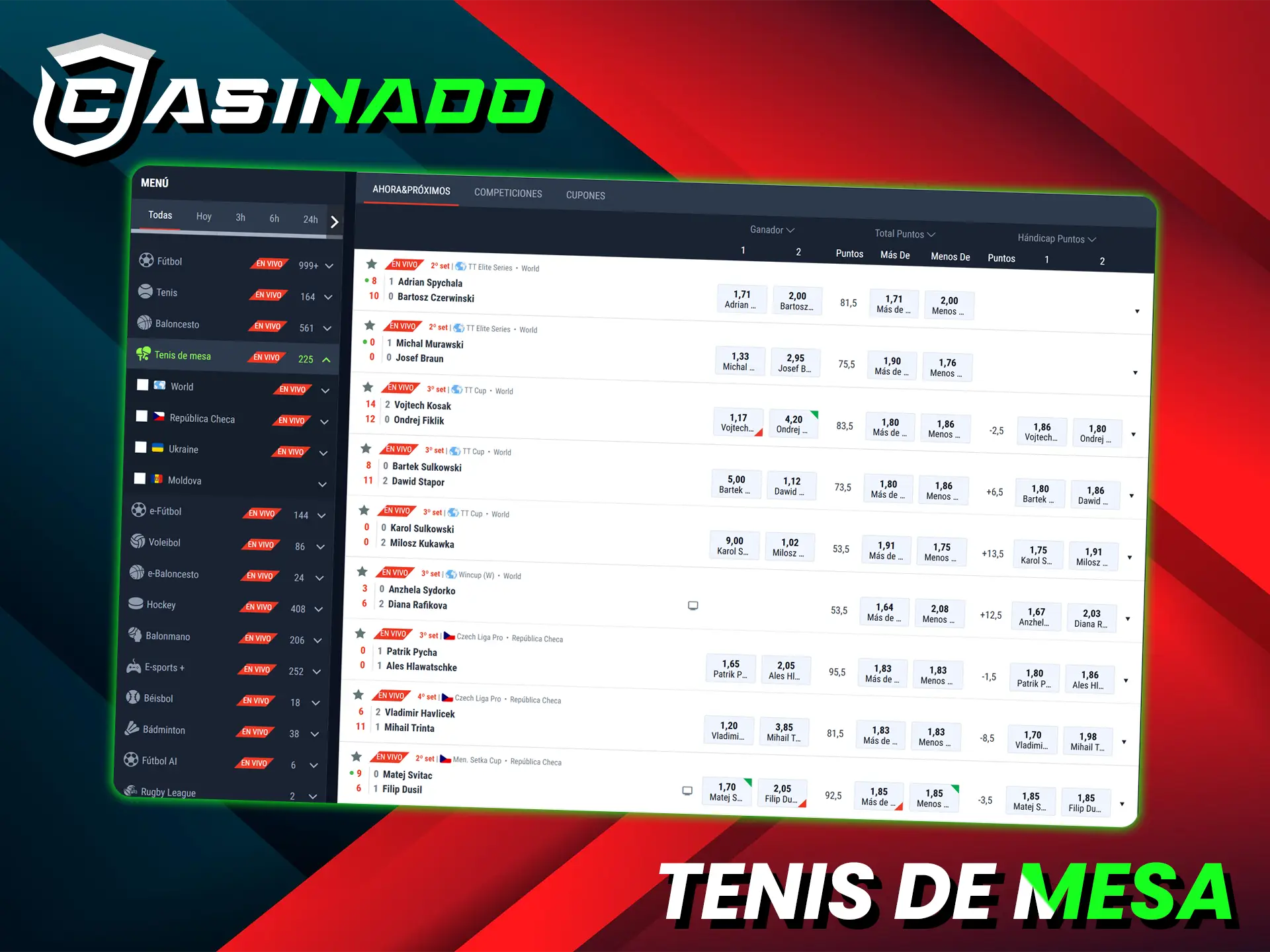 Casinado ofrece apuestas sobre el ganador, la diferencia de sets y puntos en tenis de mesa.