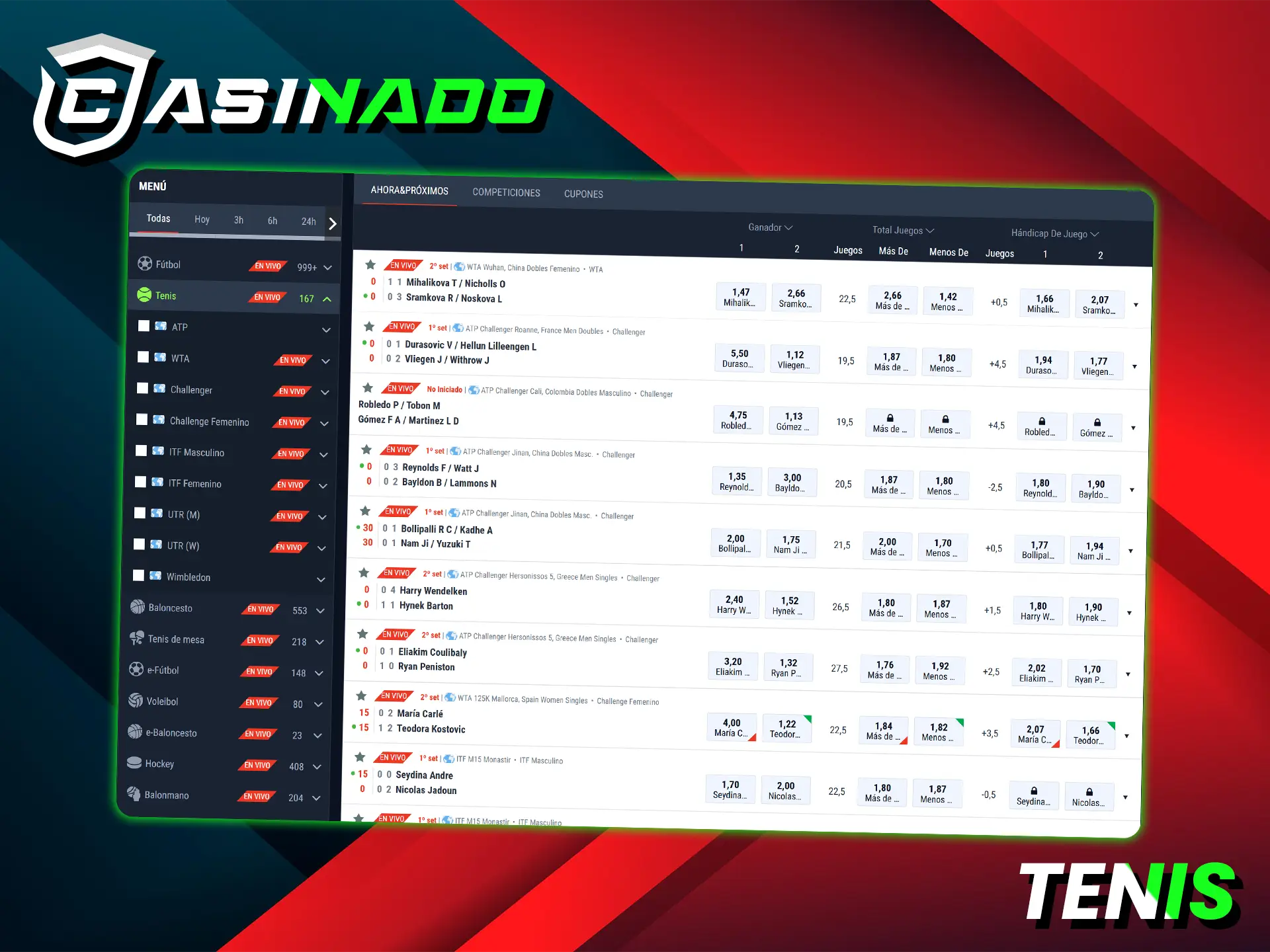 Apueste en los grandes torneos de tenis en Casinado.