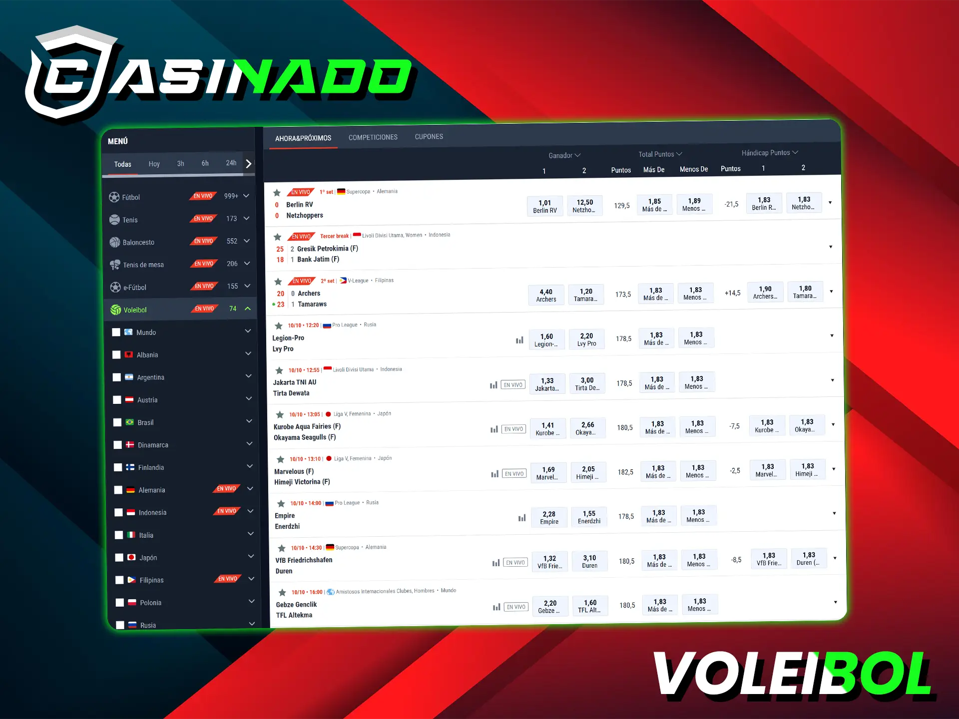 Apuesta al voleibol con una gran variedad de mercados en Casinado.