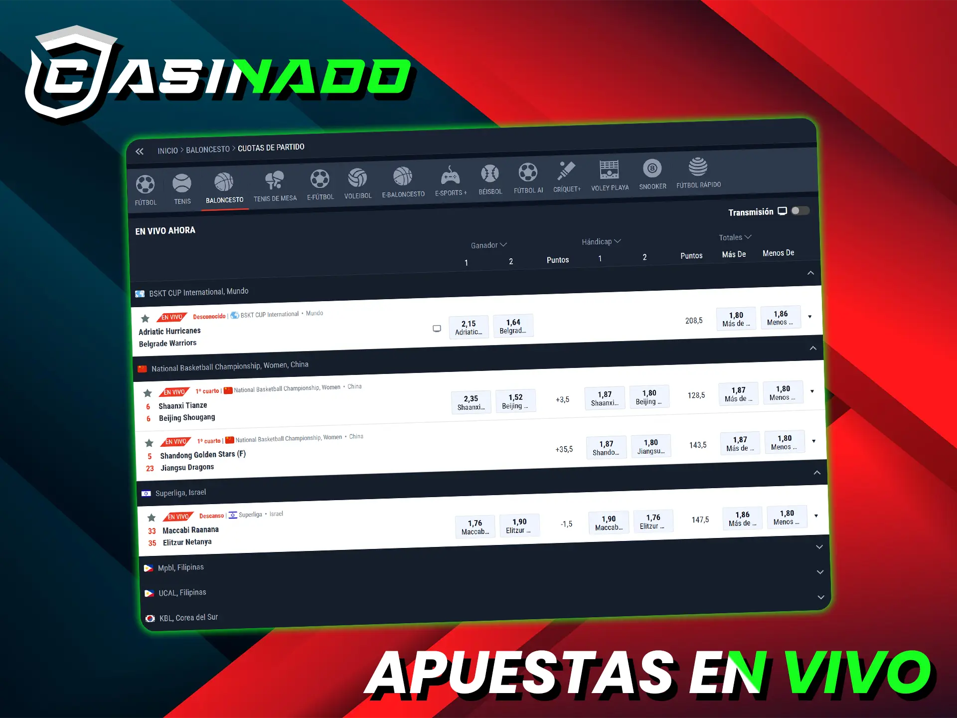 Realice apuestas en eventos de baloncesto en tiempo real en Casino.