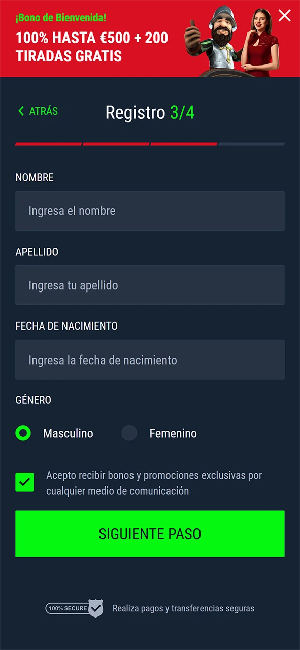 Rellene la información necesaria para registrarse en Casinado.