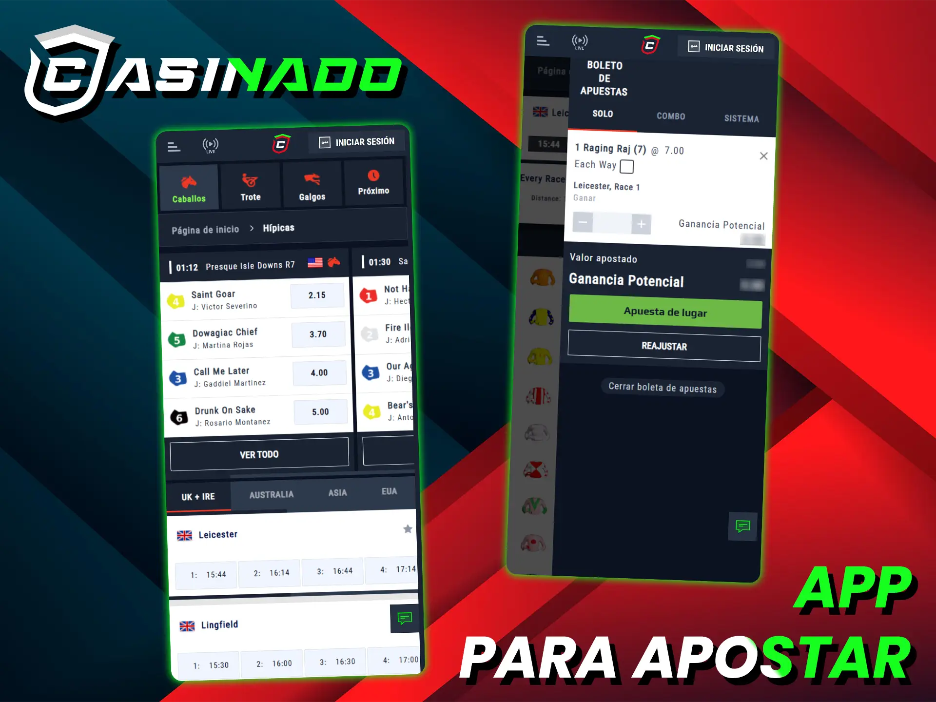 Apueste en carreras de caballos en la aplicación móvil Casinado con cuotas competitivas.