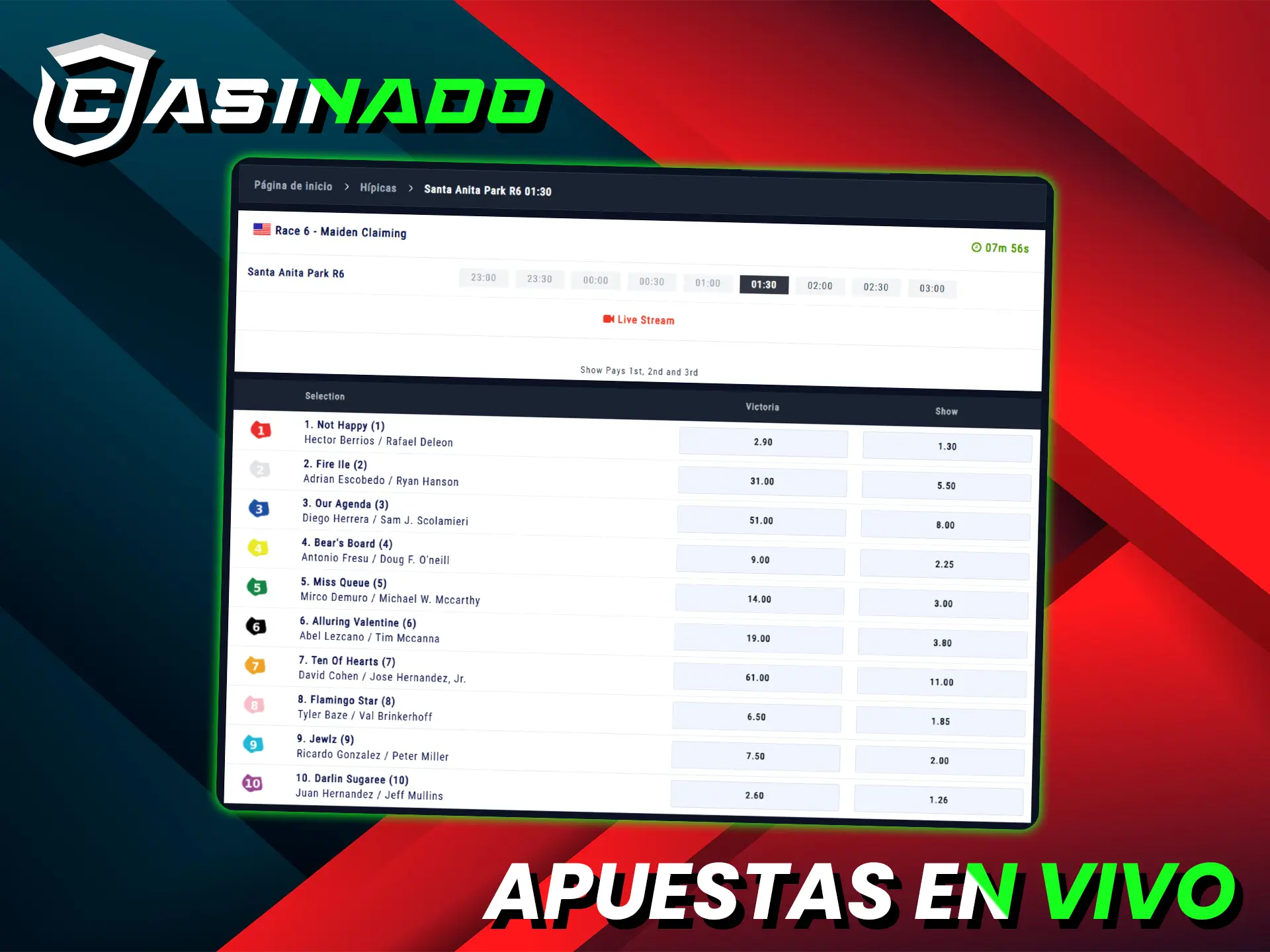 Apueste en carreras de caballos en tiempo real con cuotas y estadísticas actualizadas en Casinado.