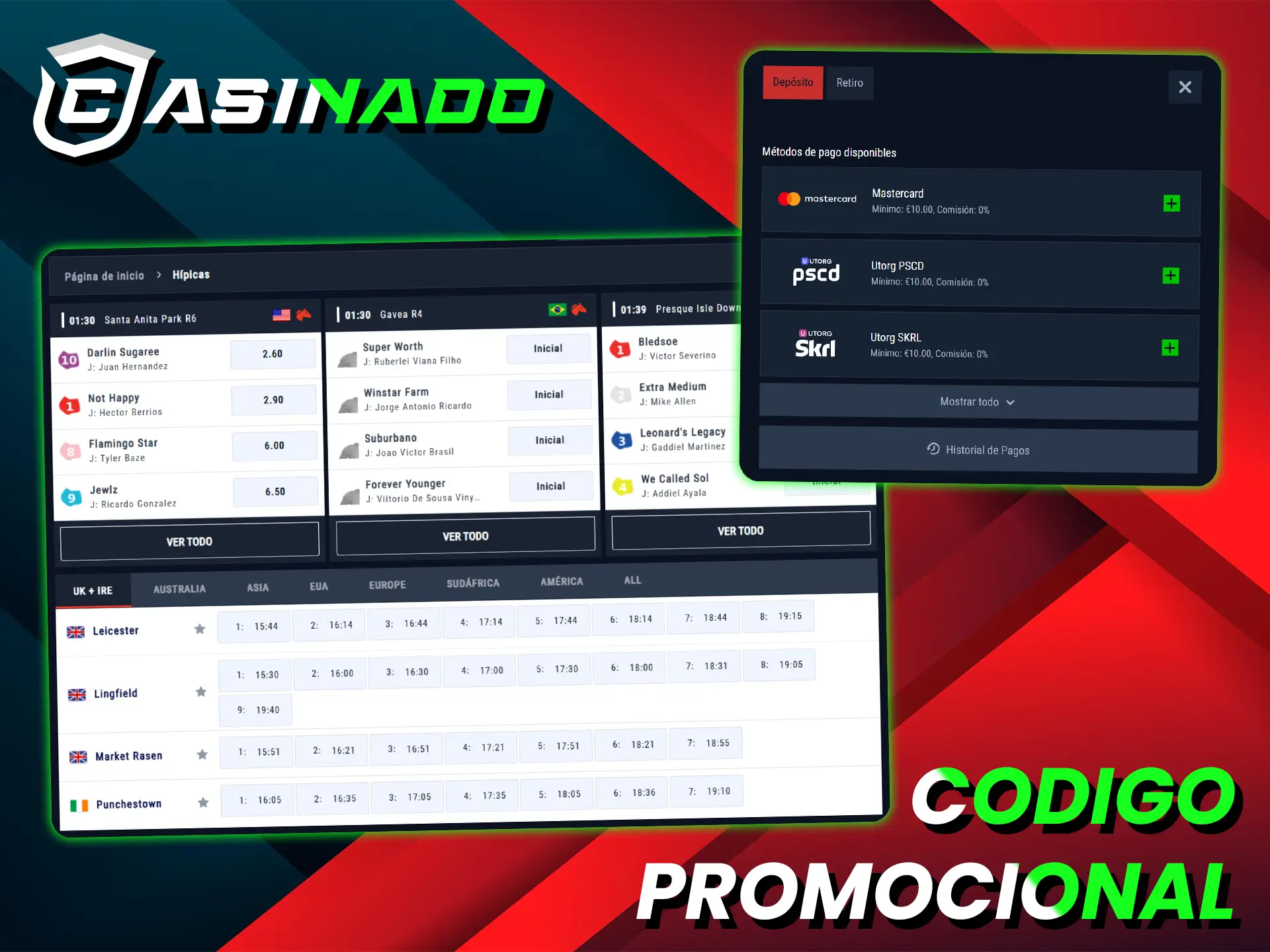 Utilice el código promocional Casinado para duplicar su primer depósito para apostar en carreras de caballos.