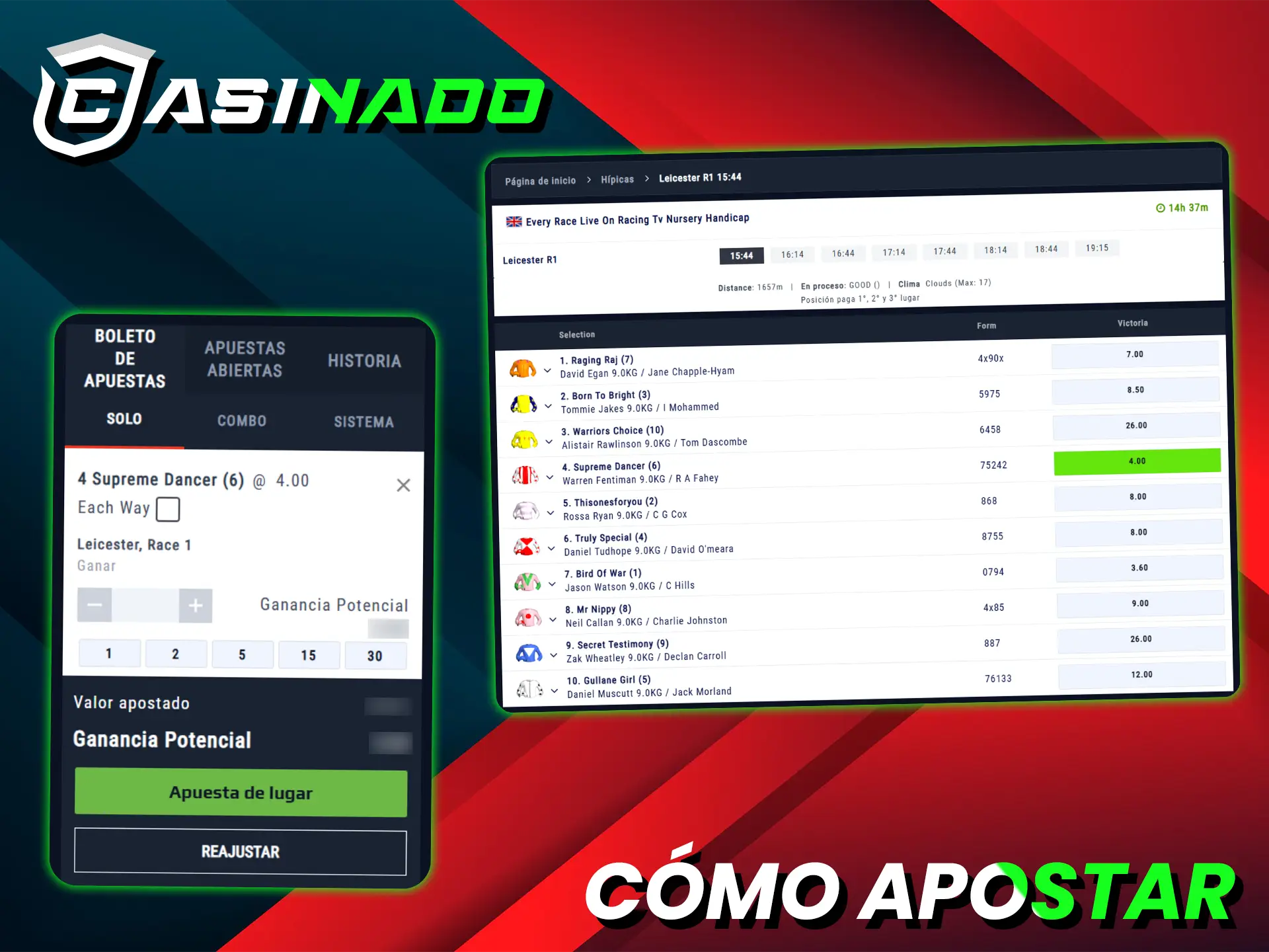 Cree una cuenta en Casinado, recargue su saldo y comience a apostar en carreras de caballos.