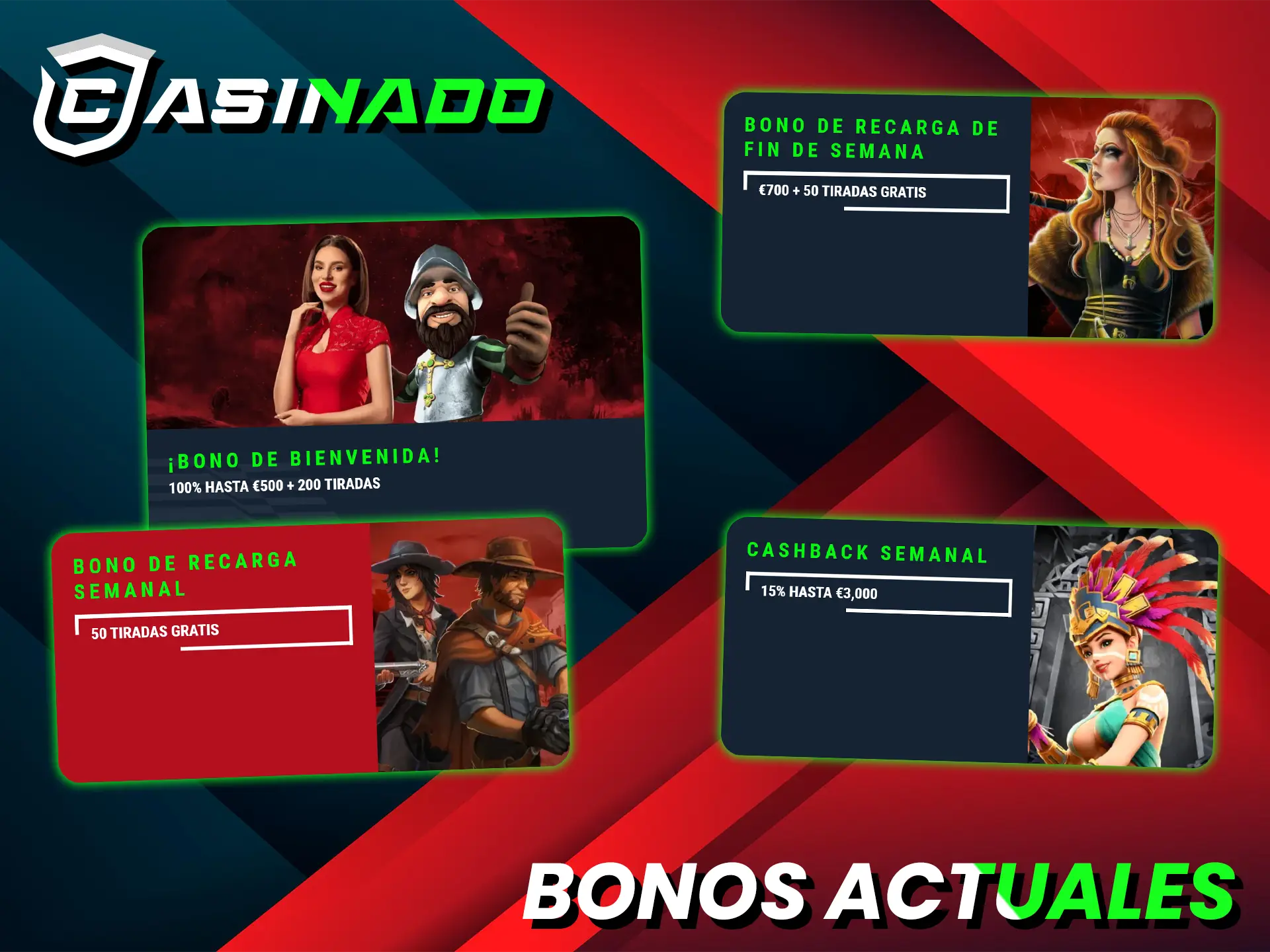 Reciba bonos de bienvenida y otros bonos para jugar en el casino en vivo Casinado.