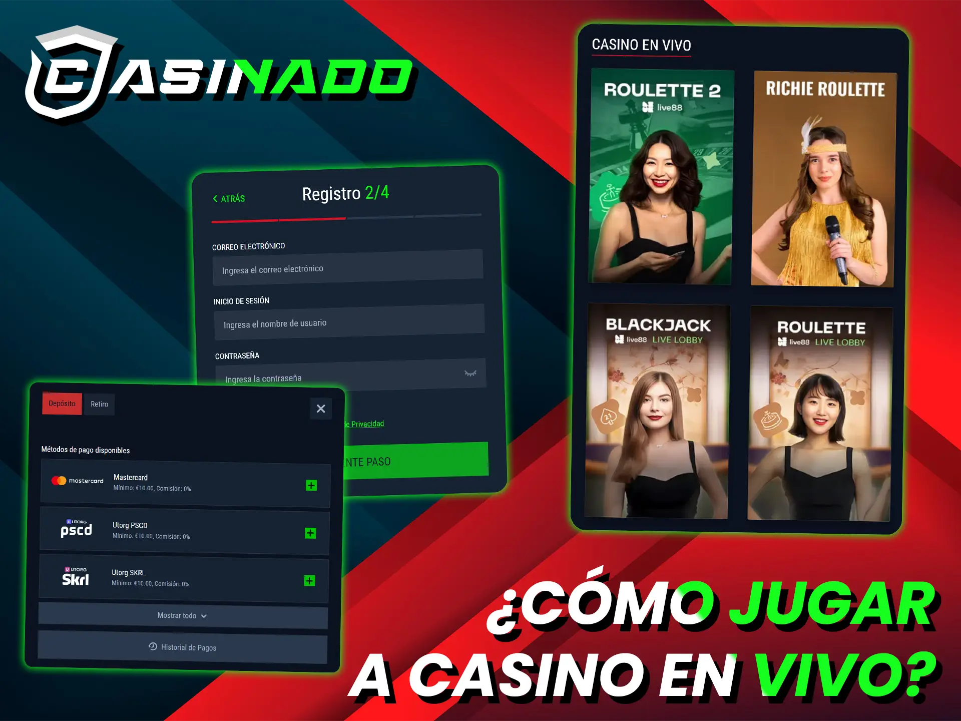 Regístrese, haga un depósito y elija su juego favorito en el casino en vivo Casinado.