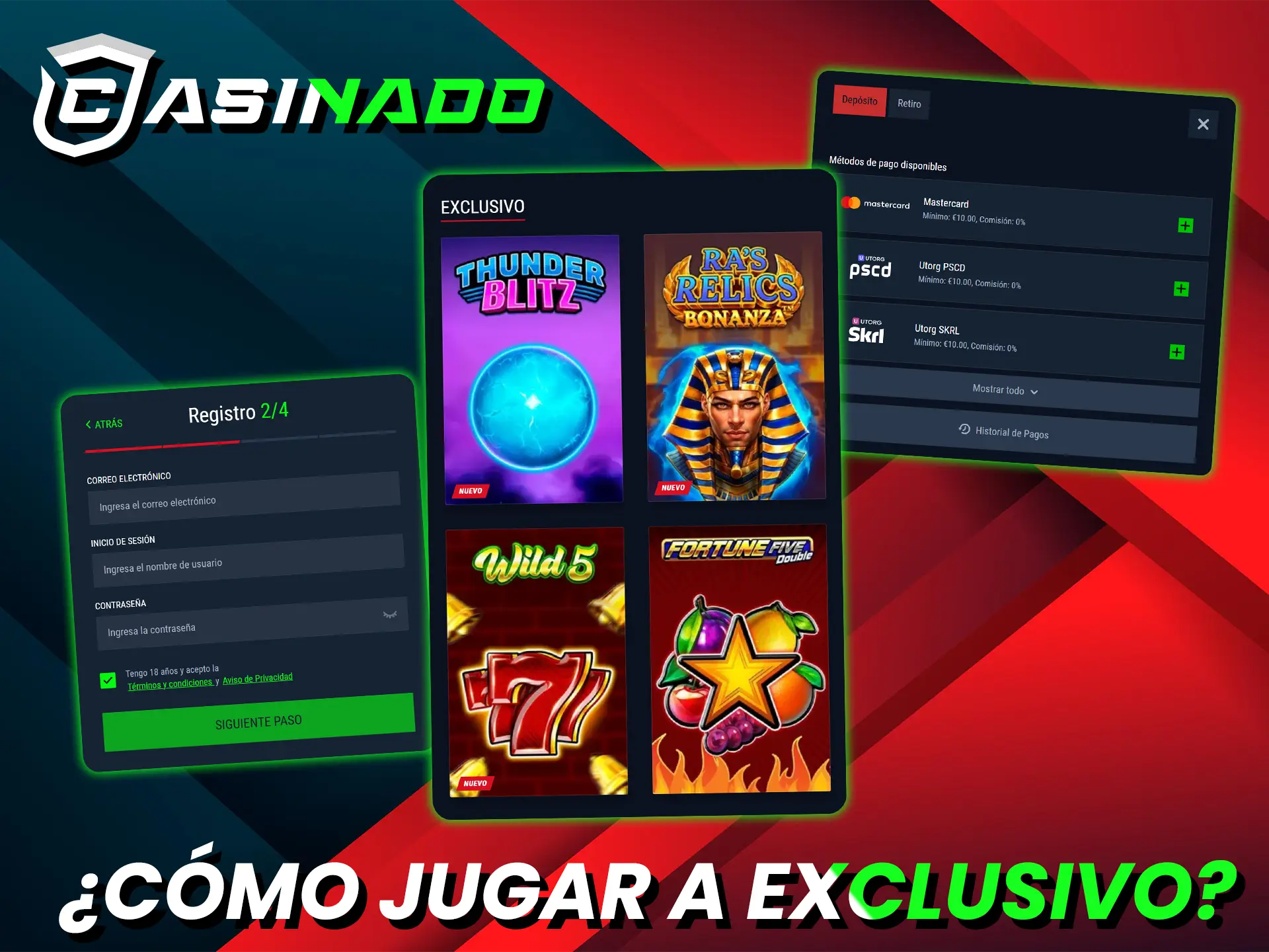Crea una cuenta y recarga tu monedero Casinado para empezar a jugar a juegos exclusivos.