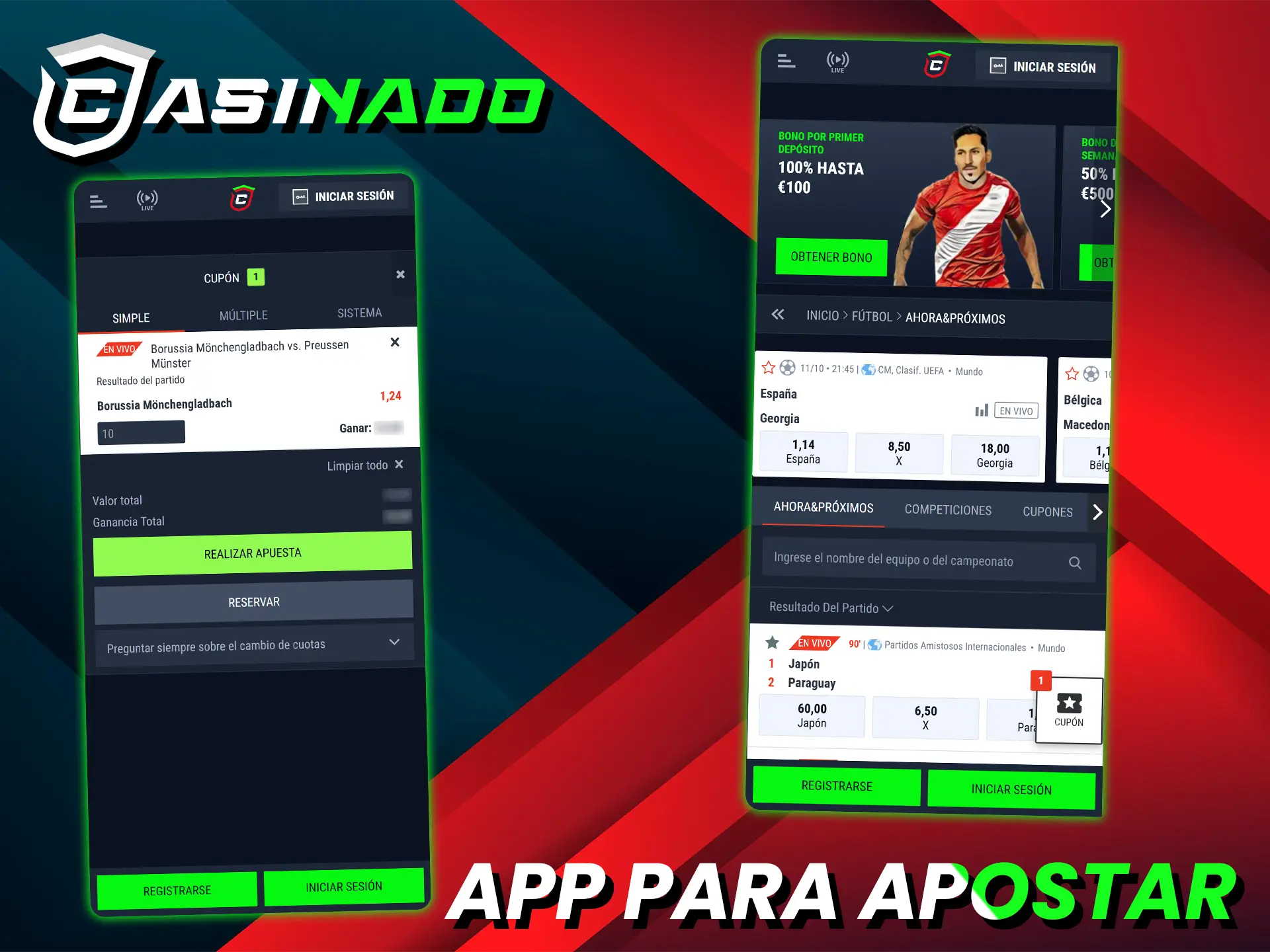 Apueste en fútbol en la aplicación Casinado en tiempo real.