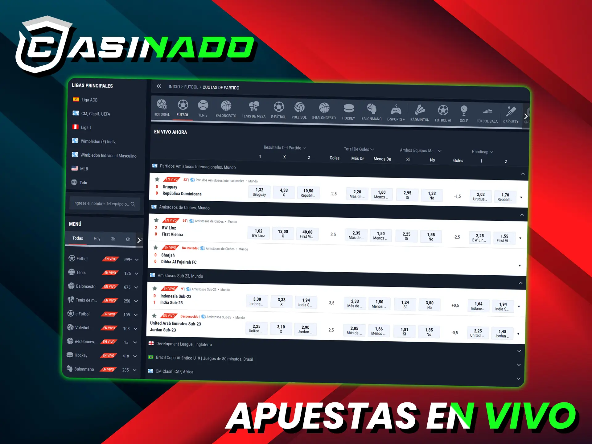 Apuesta en fútbol en tiempo real con cuotas dinámicas en Casinado.