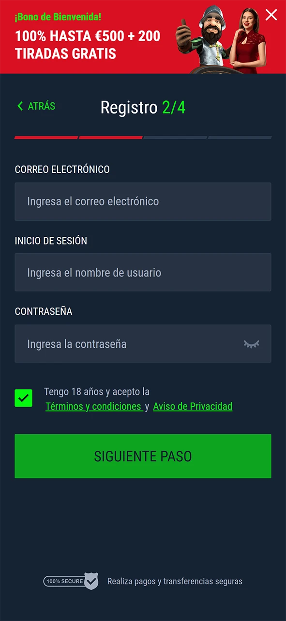 Introduce la información necesaria para registrarte en Casinado.