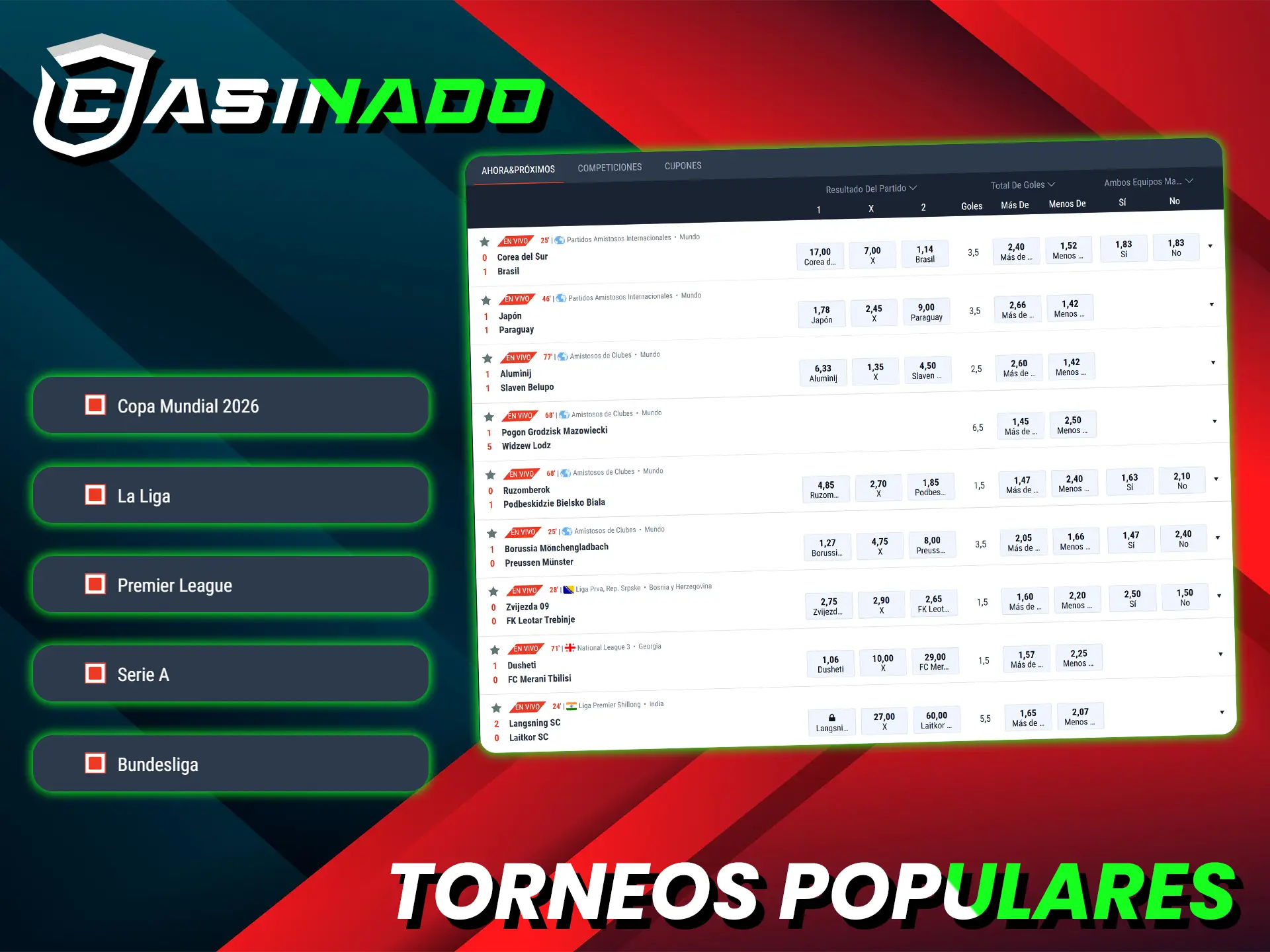 En Casinado se presentan los mejores torneos y ligas para apostar en fútbol.