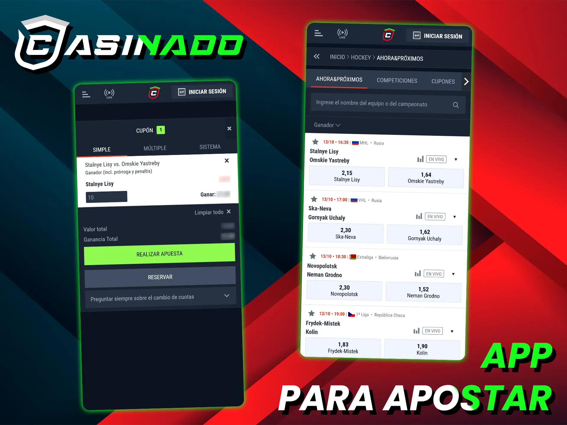 La aplicación PWA de Casinado permite realizar apuestas de hockey en tiempo real.
