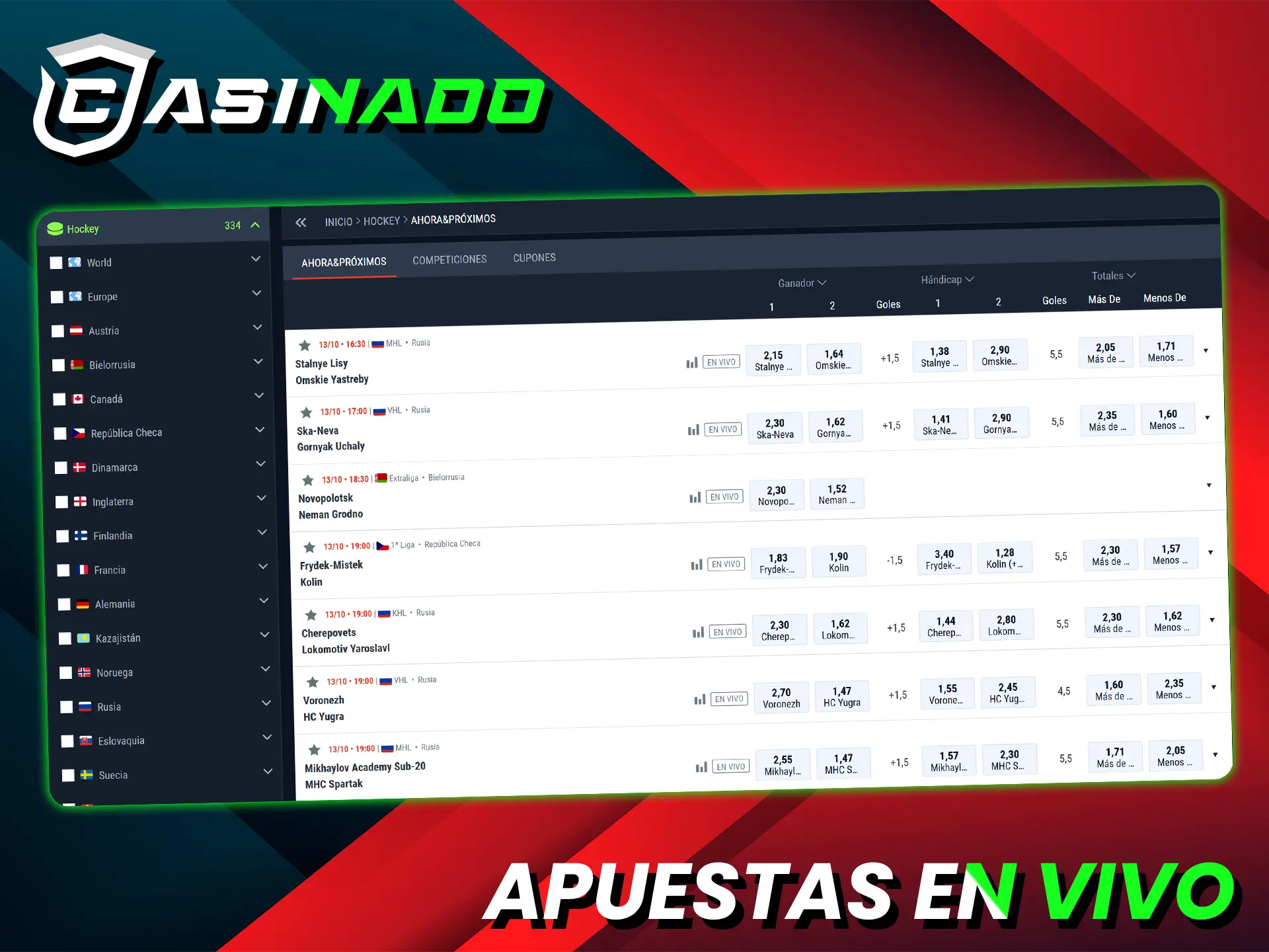 Apuesta en hockey en Casinado en tiempo real con cuotas instantáneas y la función Cash Out.