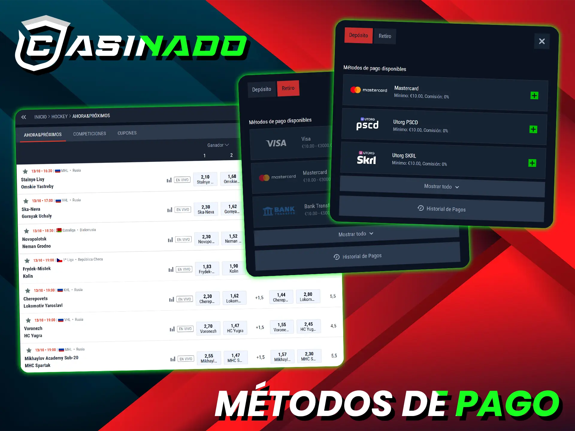 Recarga tu cuenta de Casinado con tarjetas, monederos electrónicos y criptomonedas para apostar en hockey.