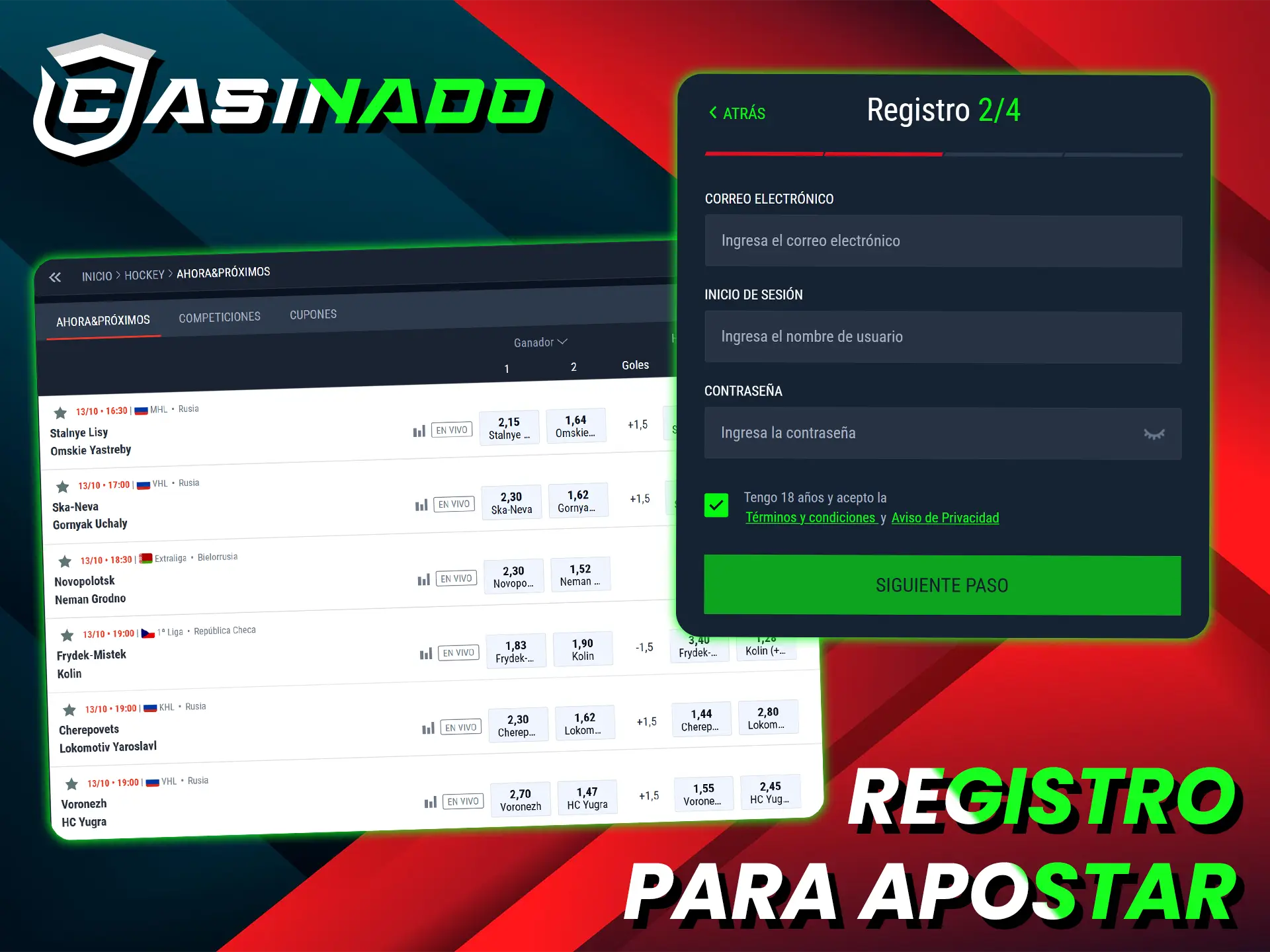 Cree fácilmente una cuenta en Casinado, recargue su saldo y comience a aprender sobre las apuestas de hockey.