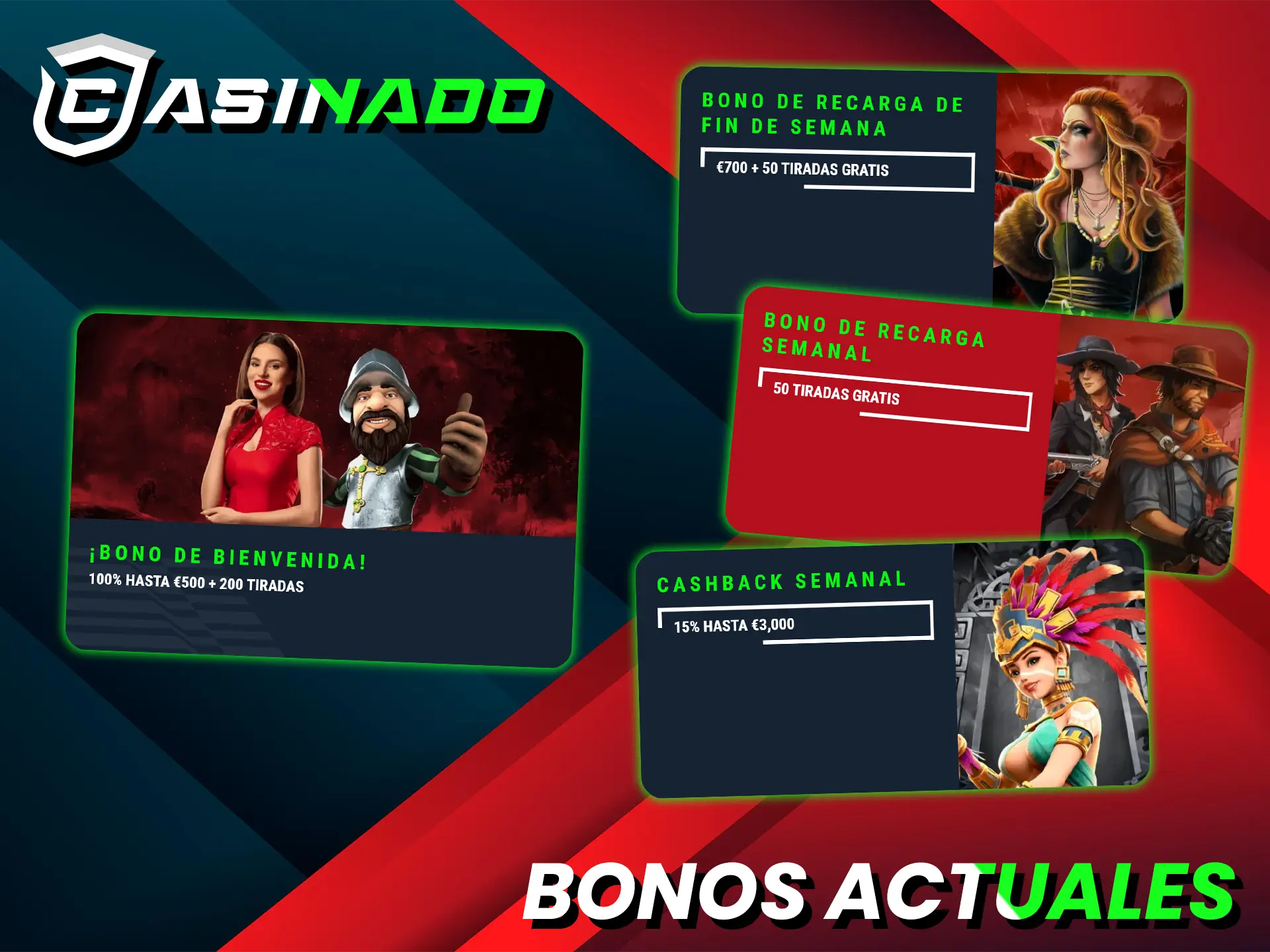 Casinado ofrece un bono de bienvenida, reembolsos y bonos semanales para los juegos con bote.