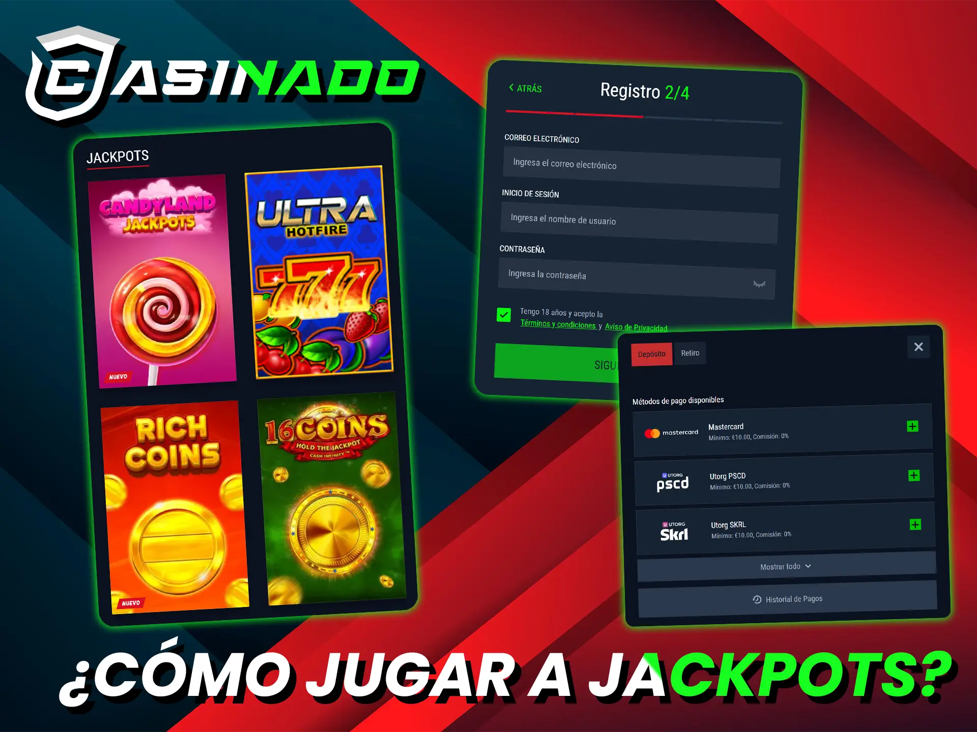 Abre tu cuenta, deposita, y escoge un Jackpot en Casinado.