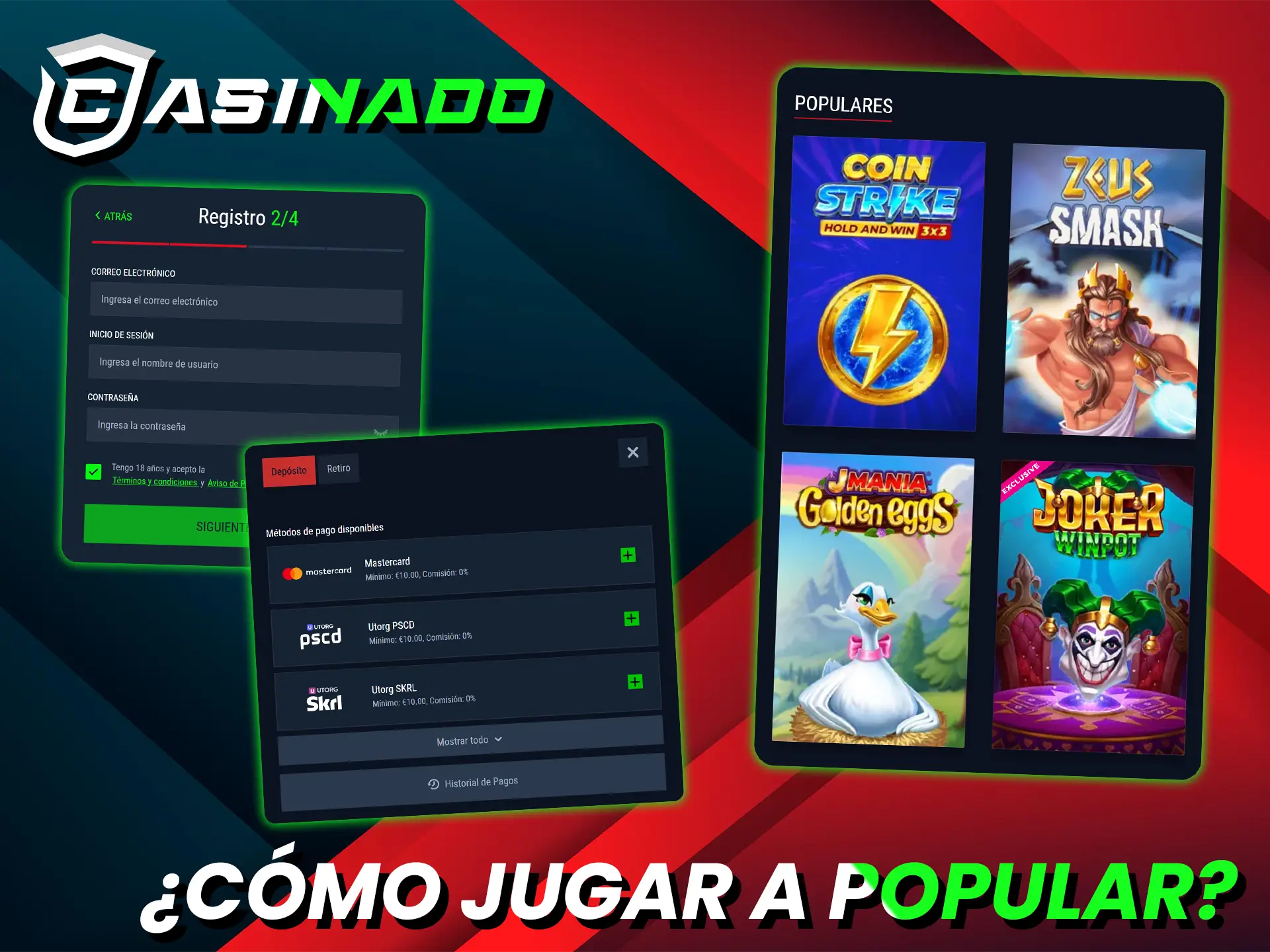 Crea y recarga tu cuenta Casinado para empezar a jugar a los juegos más populares.