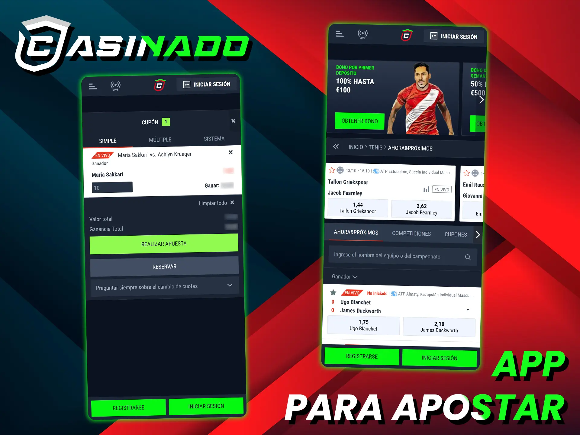 Apuesta en tenis en tiempo real en la aplicación móvil Casinado.