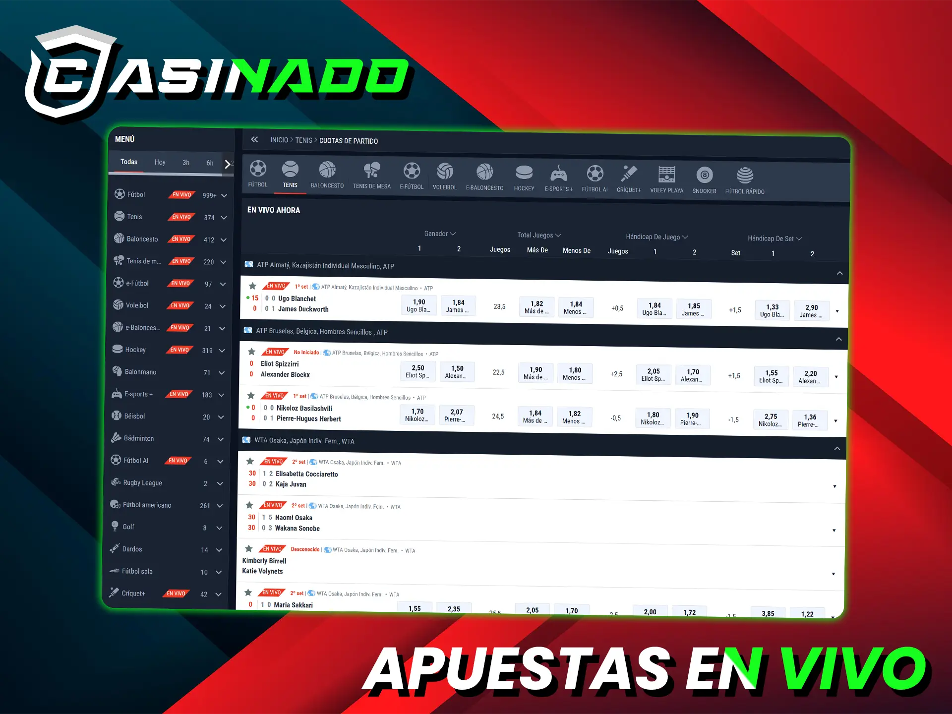 Apuesta al tenis con Casinado utilizando cuotas y estadísticas en tiempo real.