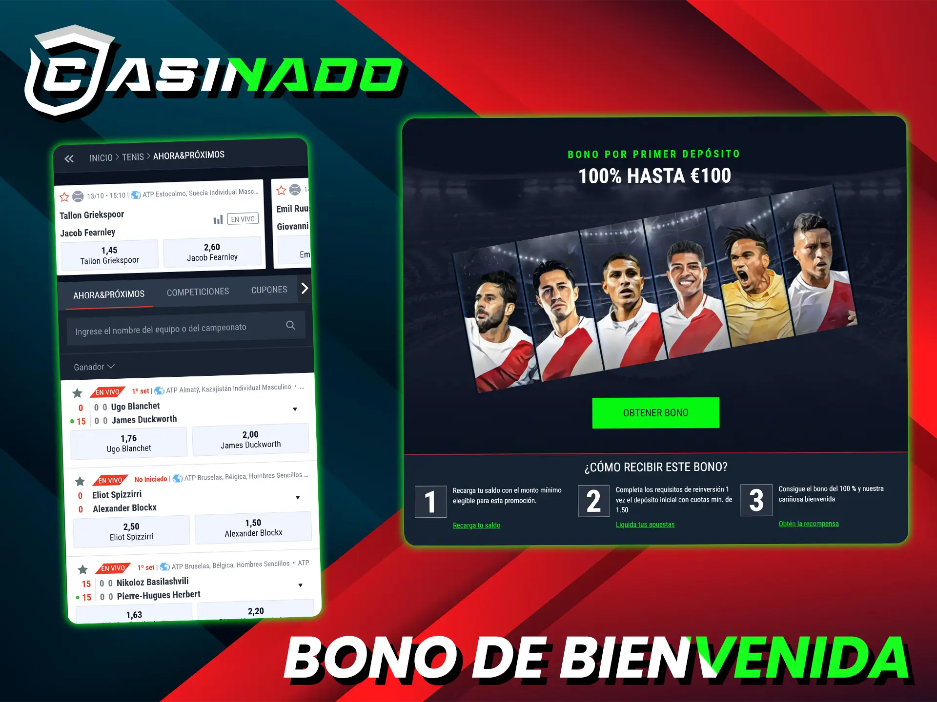 El bono de bienvenida de Casinado duplica tu primer depósito para apostar en tenis.