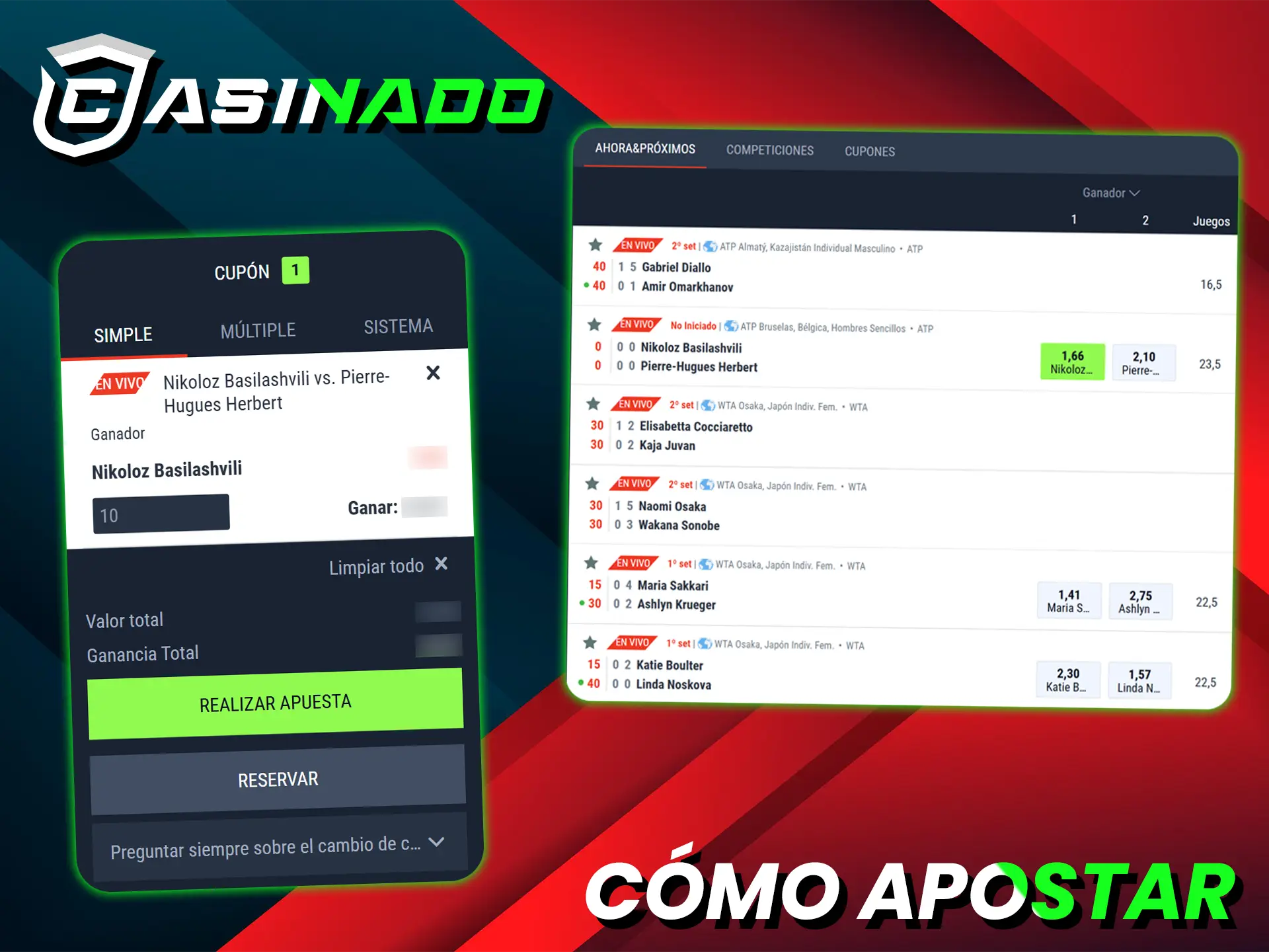 Regístrese, deposite fondos en su cuenta y comience a apostar en tenis en Casiando.