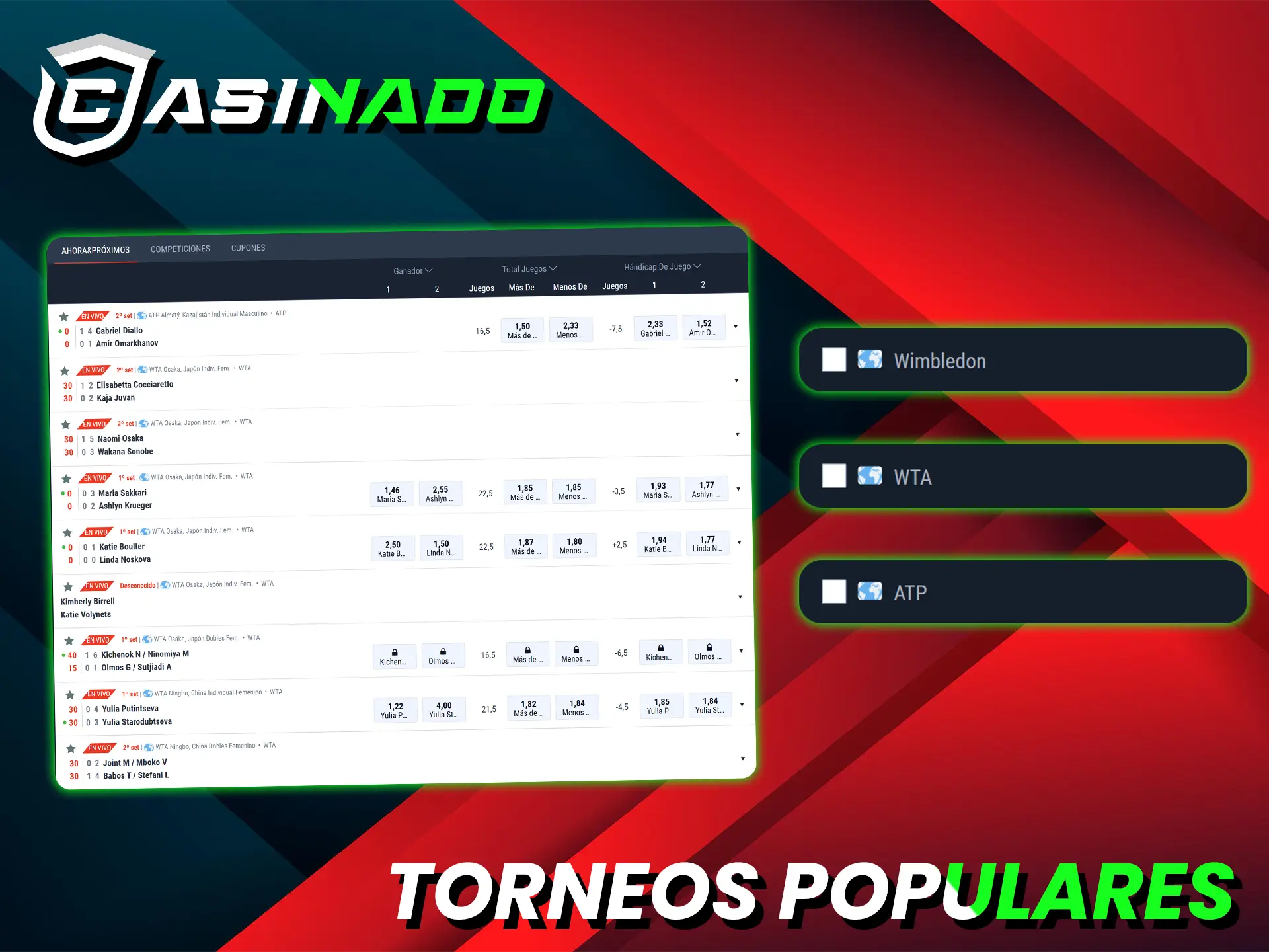 Casiando ofrece los torneos de tenis más populares a nivel mundial y local.