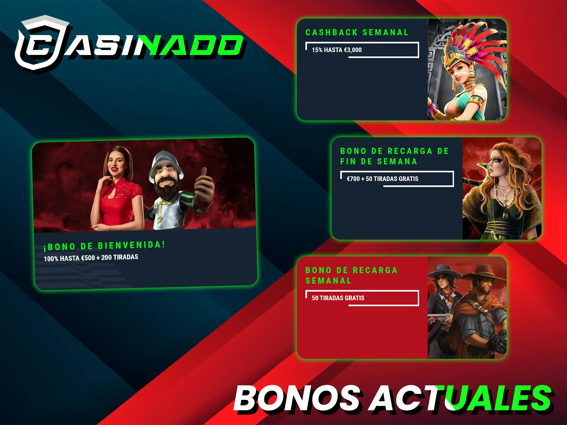 Consigue un bono de bienvenida, un reembolso y un bono por recargar tu cuenta en Casinado.