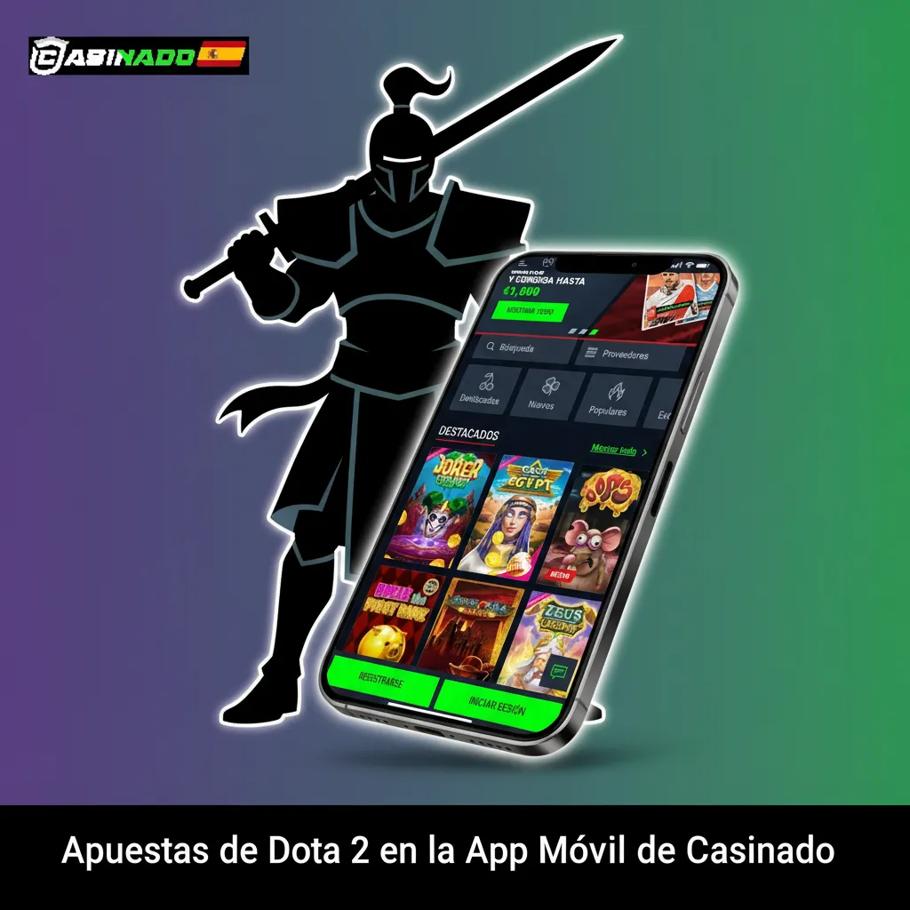 Smartphone con la app Casinado: apuestas de Dota 2, cuotas en vivo, notificaciones y cupón de apuesta listo para confirmar.
