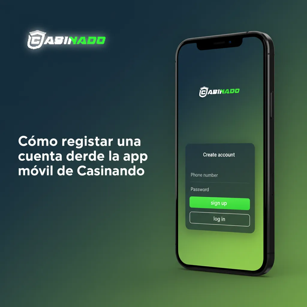 Pantalla de la app Casinado con pasos para registrarse: Crear cuenta, datos y DNI, aceptar términos y confirmar por SMS.