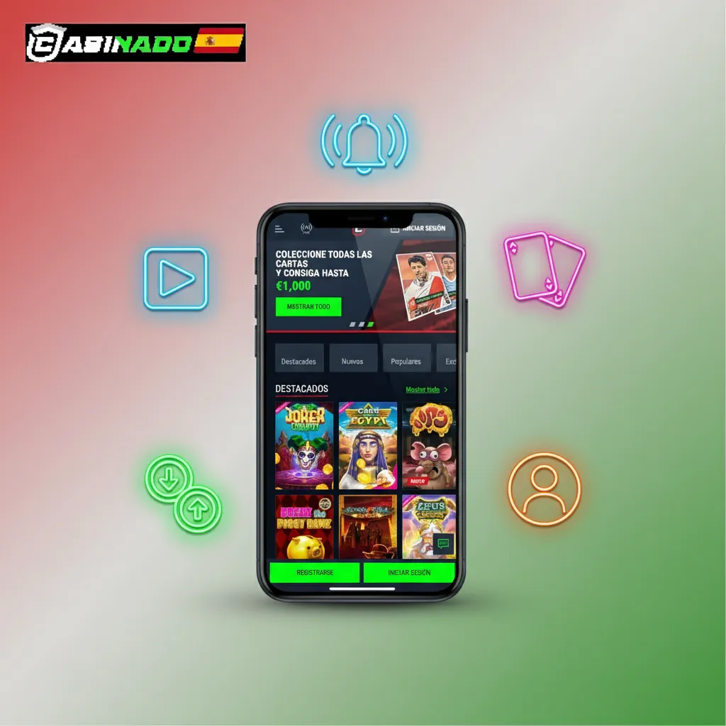 Mockup móvil de Casinado: deportes y casino, apuestas en vivo, filtros y buscador, depósitos/retiros, perfil, notificaciones.