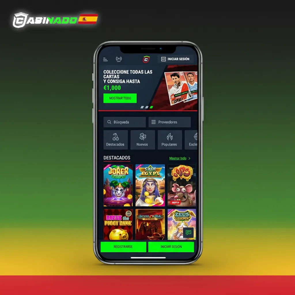 Interfaz de la app Casinado: diseño oscuro, tipografía clara y menú inferior con Casino, Deportes, Promos y Cajero.