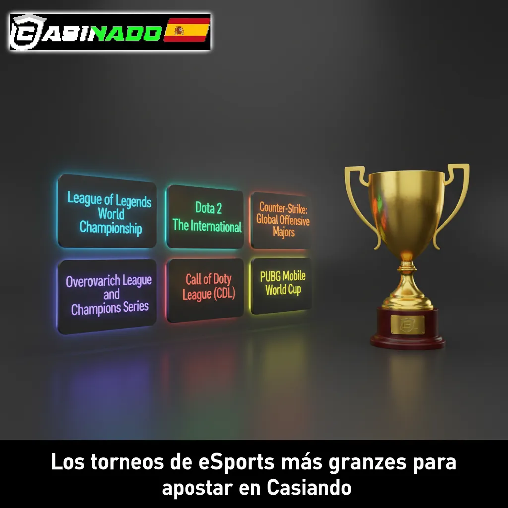 Tabla de torneos top de eSports por juego para apostar en Casinado: CS2, Dota 2, LoL, Valorant, SC2, R6 y EA FC.